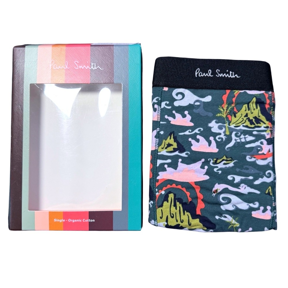 Paul Smith XXL Boxer Briefs Long‎ Trunk Organic Cotton Olive Green Ocean Waves